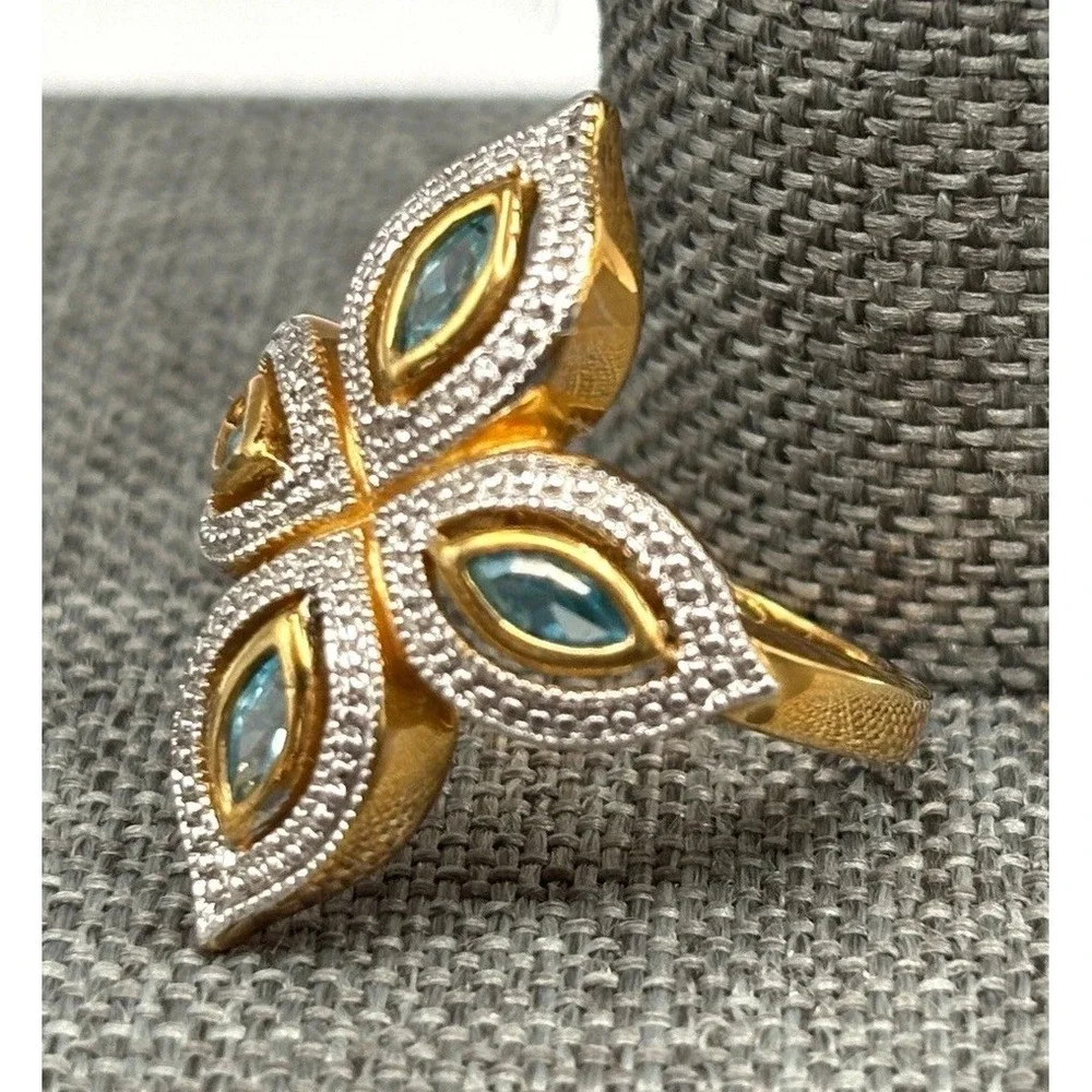 Gorgeous Blue Stone Marquise Cross Statement Ring Gold Tone Size 6